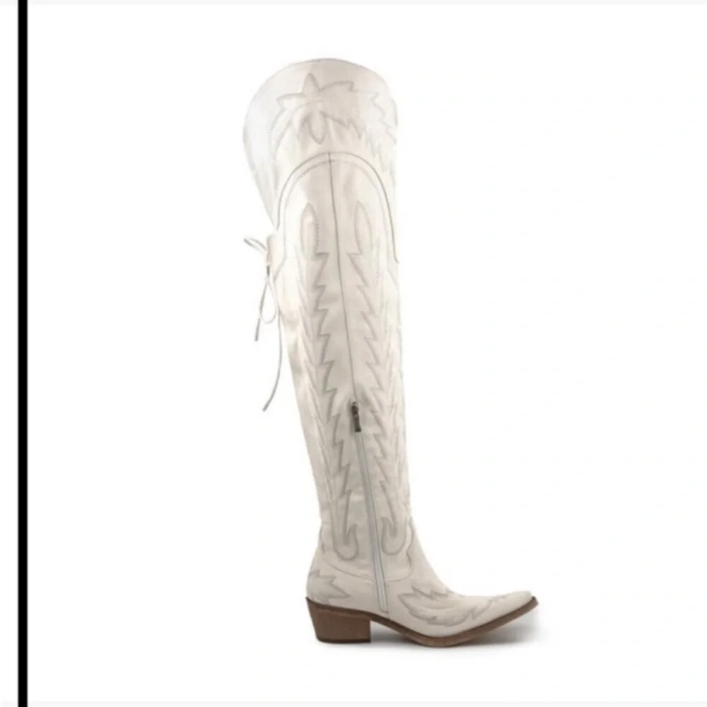 Thigh High Cowboy Boots Wide Calf Western Embroidered Over The Knee Chunky Heel